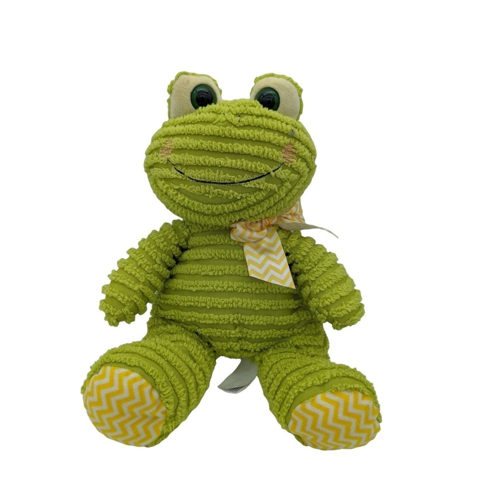 Hugfun Green Frog Plush Ribbed Corduroy Stuffed Animal Yellow Chevron Bow 13 in